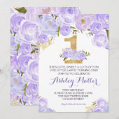 1歳の誕生日 パープル 水彩 花の招待状 招待状 (正面/裏面)