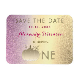 1歳の誕生日　ピンクとゴールドのかぼちゃのSave The Date マグネット