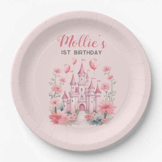 1歳の誕生日 ピンクのお城のプリンセス 女の子 ペーパープレート (正面)
