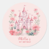 1歳の誕生日　ピンクのお城のプリンセス　女の子 ラウンドシール (正面)