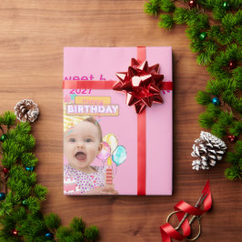 1歳の誕生日 ピンクのオリジナルフォトデザイン ラッピングペーパー