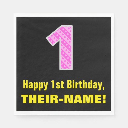 1歳の誕生日:ピンクのストライプとハートの「1」+ 名前 スタンダードランチョンナプキン (正面)