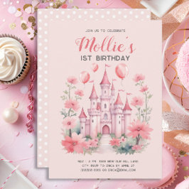 1歳の誕生日 ピンクのプリンセス城と風船 招待状