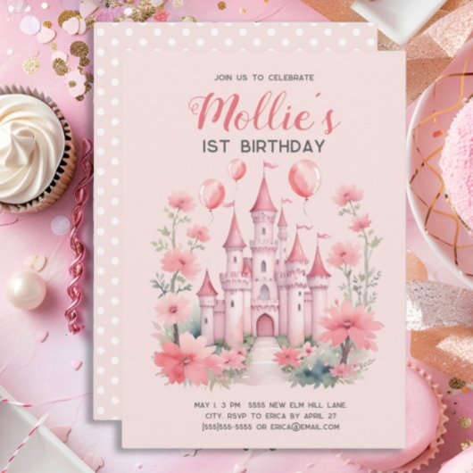 1歳の誕生日 ピンクのプリンセス城と風船 招待状