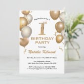 1歳の誕生日 ホワイトとゴールドのグリッター風船 招待状 (スタンド正面)