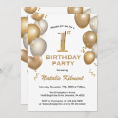 1歳の誕生日 ホワイトとゴールドのグリッター風船 招待状 (正面/裏面)