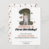 1歳の誕生日 ミニマル ベージュ テディ ハート ポストカード (正面/裏面)