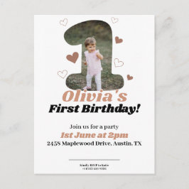 1歳の誕生日 ミニマル ベージュ テディ ハート ポストカード