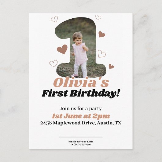 1歳の誕生日 ミニマル ベージュ テディ ハート ポストカード (正面)