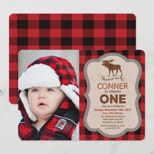 1歳の誕生日 ムースの男の子 誕生日 写真 招待状 (正面/裏面)