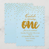1歳の誕生日 ライトブルー & ゴールドのコンフェッティ 招待状 (正面/裏面)