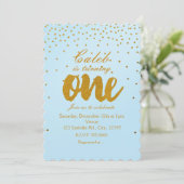 1歳の誕生日 ライトブルー & ゴールドのコンフェッティ 招待状 (スタンド正面)