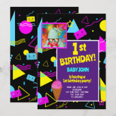 1歳の誕生日 レトロカラフルキッズパーティーのお祝い 招待状 (正面/裏面)