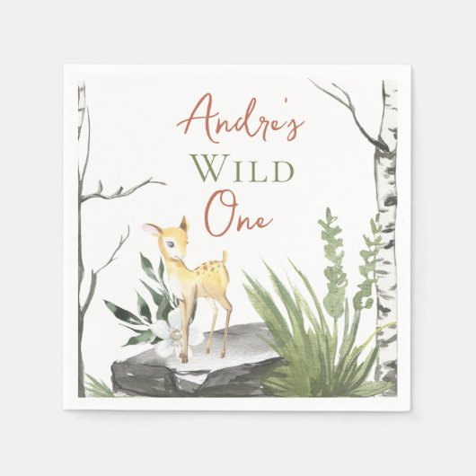 1歳の誕生日「ワイルドワン」ブラウンウォーター色ベビー子鹿 スタンダードカクテルナプキン (正面)