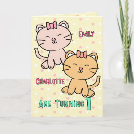 1歳の誕生日 双子の女の子 可愛い猫のキャラクター かわいい カード
