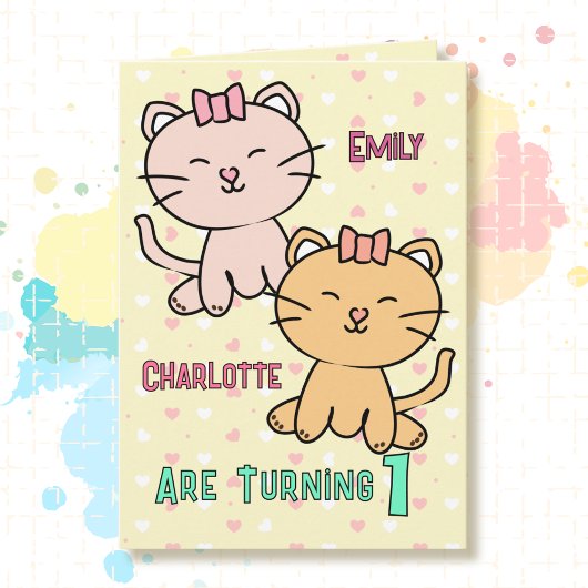 1歳の誕生日 双子の女の子 可愛い猫のキャラクター かわいい カード