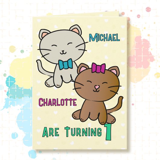 1歳の誕生日 双子 かわいい子猫のキャラクター おめでとう カード