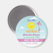1歳の誕生日　可愛い太陽とピンクの凧のSave The Date マグネット (正面/裏面)