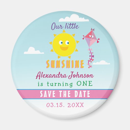 1歳の誕生日　可愛い太陽とピンクの凧のSave The Date マグネット (正面)