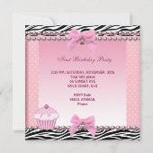 1歳の誕生日 女の子 ピンク カップケーキ ゼブラ 赤ちゃん 招待状 (裏面)
