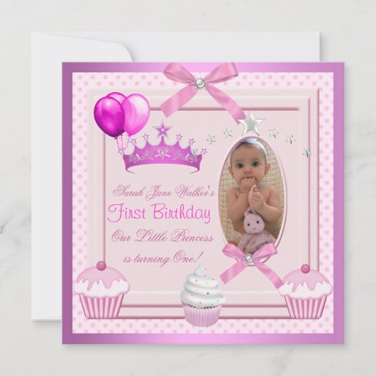 1歳の誕生日 女の子 ピンク カップケーキ 白い真珠 赤ちゃん 招待状 (正面)