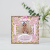 1歳の誕生日 女の子 ピンク 白 ゴールド 写真 招待状 (スタンド正面)