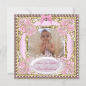1歳の誕生日 女の子 ピンク 白 ゴールド 写真 招待状 (正面)