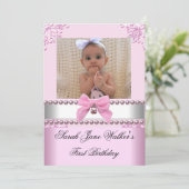 1歳の誕生日 女の子 ピンク 白 パール フォト ファースト 招待状 (スタンド正面)