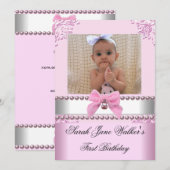 1歳の誕生日 女の子 ピンク 白 パール フォト ファースト 招待状 (正面/裏面)