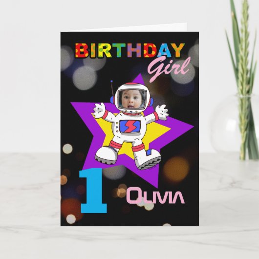 1歳の誕生日 女の子 宇宙飛行士 宇宙 テーマ 写真 カード (正面)