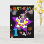 1歳の誕生日 女の子 宇宙飛行士 宇宙 テーマ 写真 カード (黄色い花)