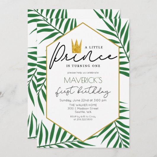 1歳の誕生日 小さな王子様のクラウンレーブの招待状 招待状 (正面/裏面)