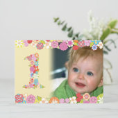 1歳の誕生日 春の花が咲く おんなの子の写真招待状 招待状 (スタンド正面)