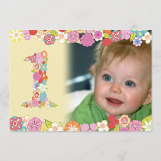 1歳の誕生日 春の花が咲く おんなの子の写真招待状 招待状