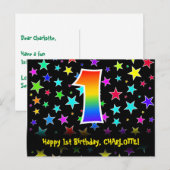 1歳の誕生日：楽しい星の模様、虹1、名前 ポストカード (正面/裏面)