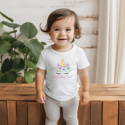 1歳の誕生日 水彩フラワーマジカルユニコーン ベビーTシャツ