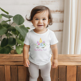 1歳の誕生日 水彩花の魔法のユニコーン ベビーTシャツ