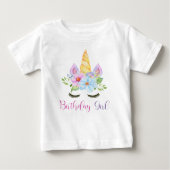 1歳の誕生日 水彩花柄 魔法のユニコーン ベビーTシャツ (正面)