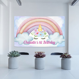 1歳の誕生日 水彩花 ユニコーン パーティー 横断幕