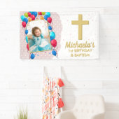 1歳の誕生日 洗礼 ピンクの女の子 ゴールドテキスト フォト 横断幕 (インサイチュ)