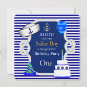 1歳の誕生日 海の男の子 ブルー ストライプ 招待状 (正面)