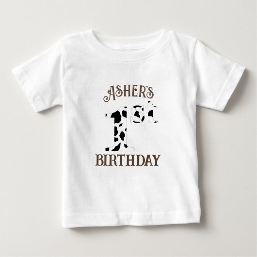 1歳の誕生日 牛柄 ブラウン テキスト ベビーTシャツ (正面)