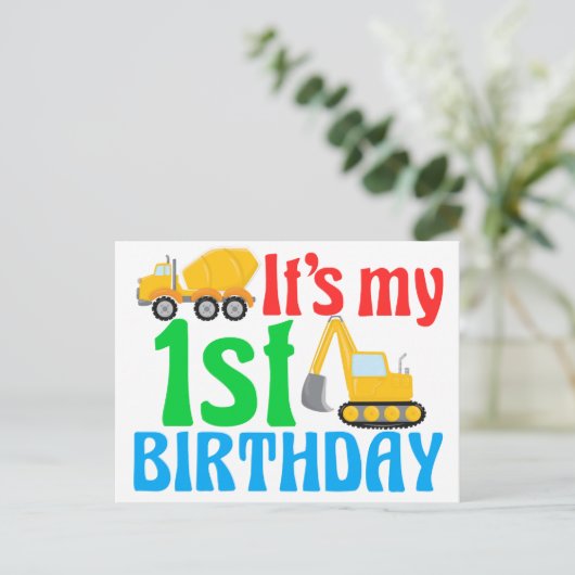 1歳の誕生日 男の子 建設車両 かわいい ポストカード (スタンド正面)