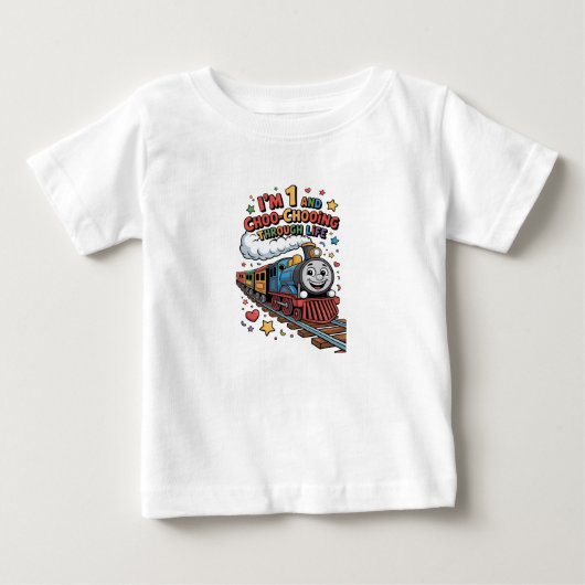 1歳の誕生日 蒸気機関車のように人生を突き進む キッズTシャツ ベビーTシャツ (正面)