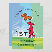1歳の誕生日 赤い犬のバルーン・パーティー 招待状 (正面/裏面)