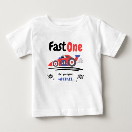 1歳の誕生日 速い 赤 青 レースカー ベビーTシャツ