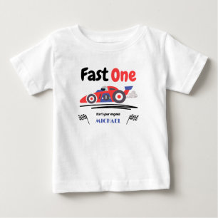 1歳の誕生日 速い 赤 青 レースカー ベビーTシャツ