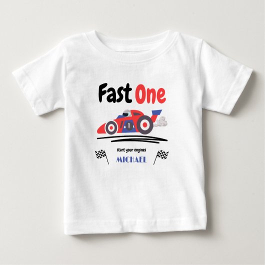 1歳の誕生日 速い 赤 青 レースカー ベビーTシャツ (正面)