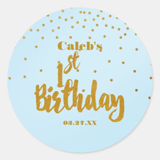 1歳の誕生日 青と金箔の紙吹雪ドットシール ラウンドシール (正面)