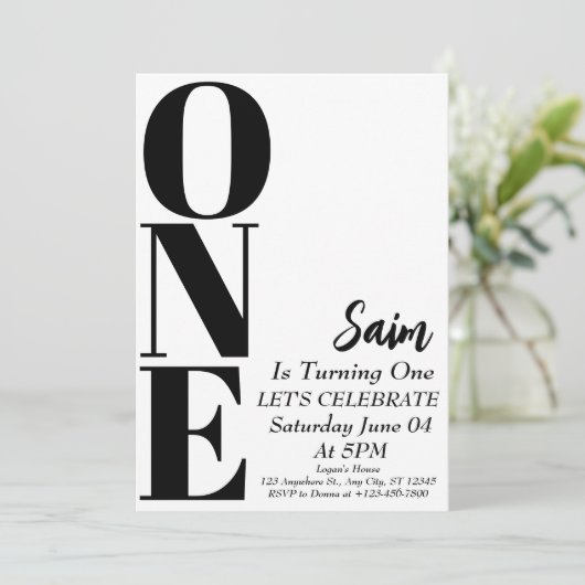1歳はっきりしたの誕生日ブラックとホワイトの誕生日1歳 招待状 (スタンド正面)